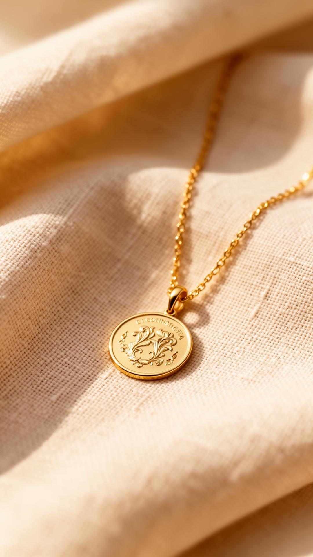 Delicate gold pendant on cream linen
