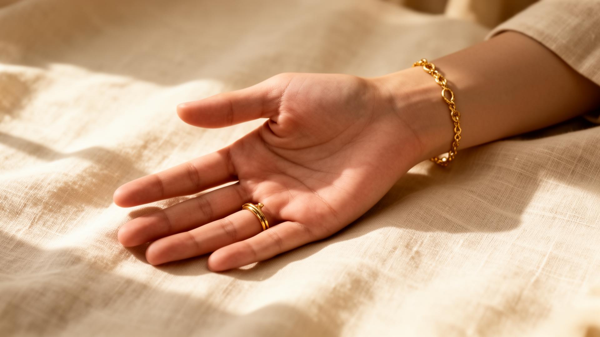 A hand wearing a delicate gold bracelet on cream linen