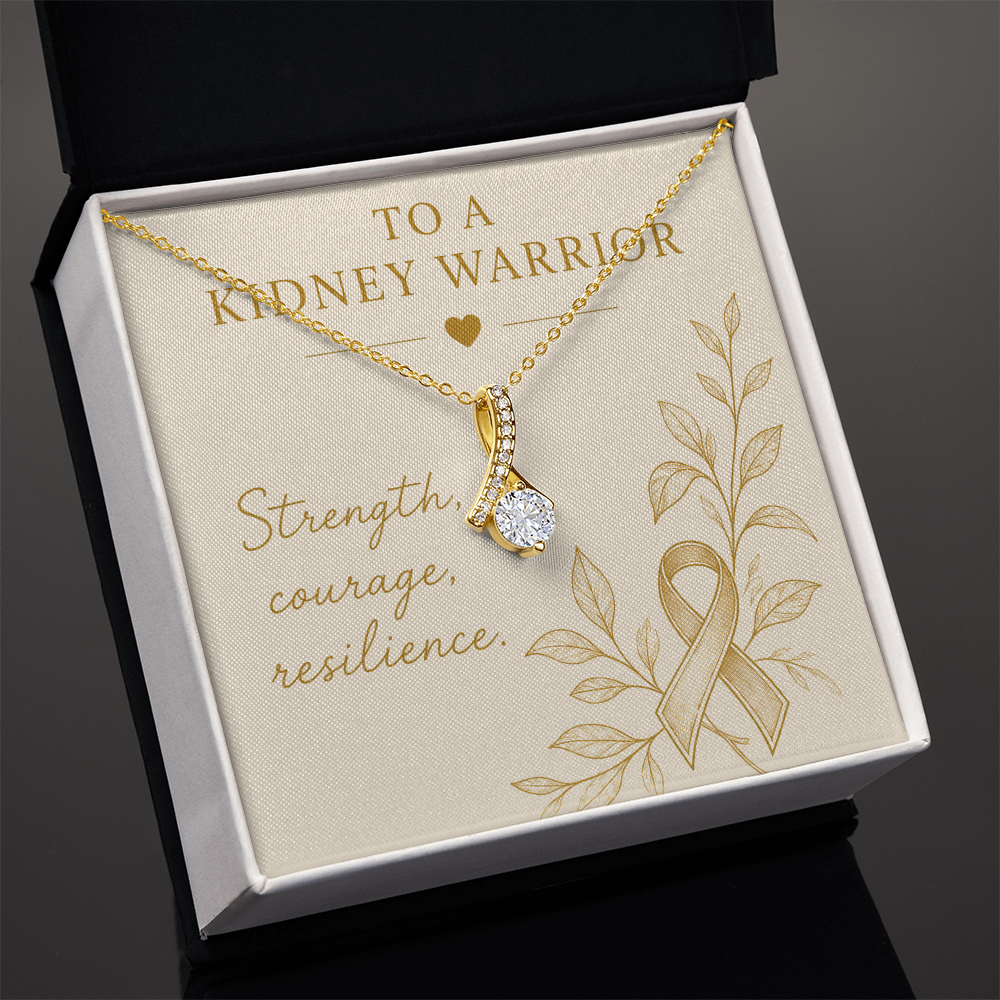 Kidney Warrior Gift Necklace | Ribbon Pendant with CZ | 14k White or 18k Yellow Gold
