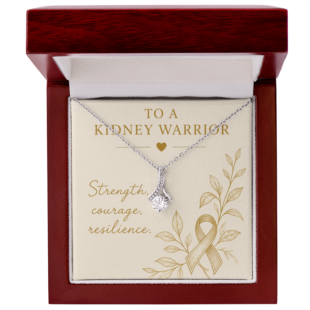 Kidney Warrior Gift Necklace | Ribbon Pendant with CZ | 14k White or 18k Yellow Gold